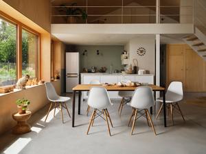 chairs: white, maple base table: natural oak, basic dark
