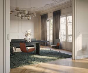 Freifrau Coco Living mit Armlehnstuhl Amelie hoch, niedrig und Amelie-Bank im Clifford-Stoff